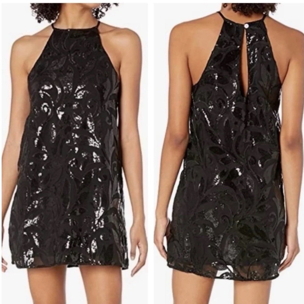 Everly Black Sequin Halter Mini Dress Geometric Art Deco Party Size Small NEW